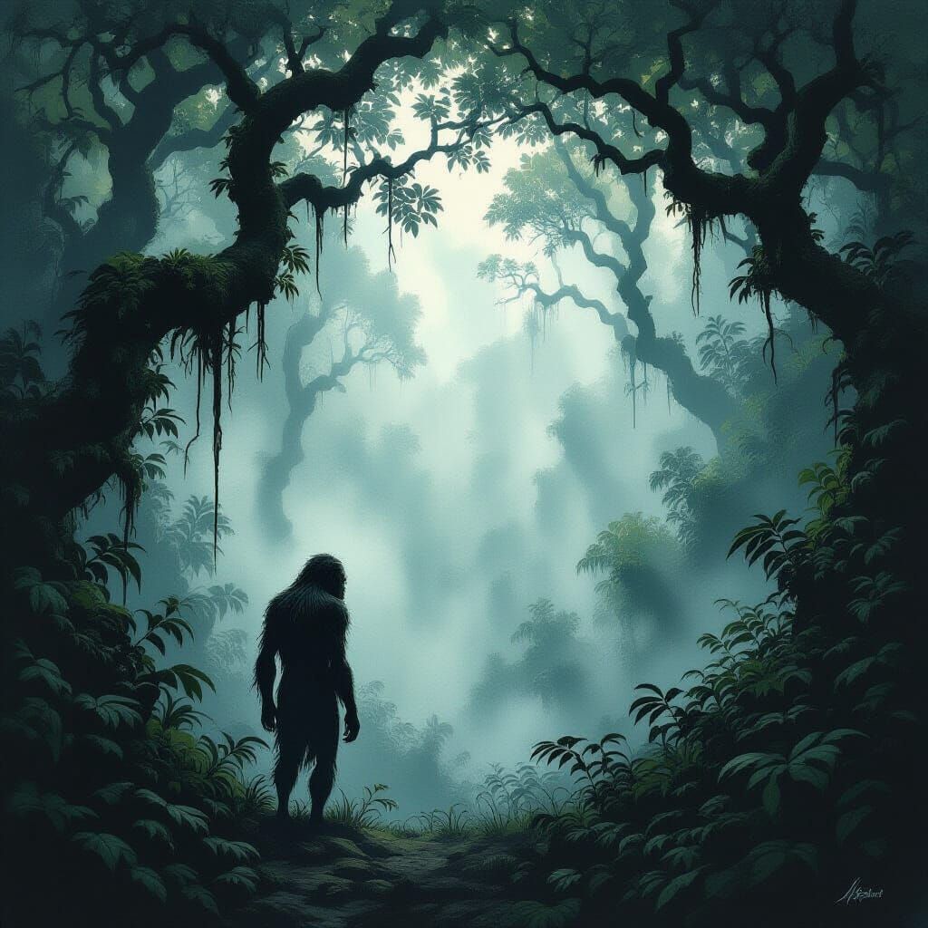 Ancient Hominid in Misty Jungle Clearing