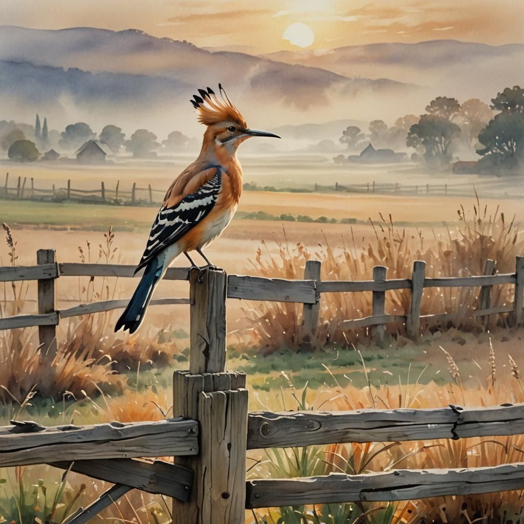 Hoopoe Bird in Misty Watercolor Landscape