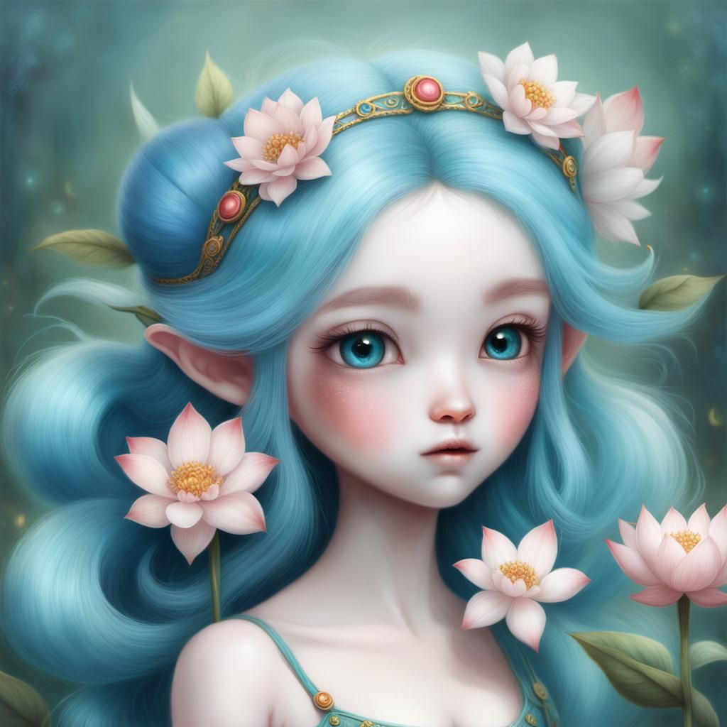 Blue-Haired Girl with Flowers: A Fantasy Art Piece