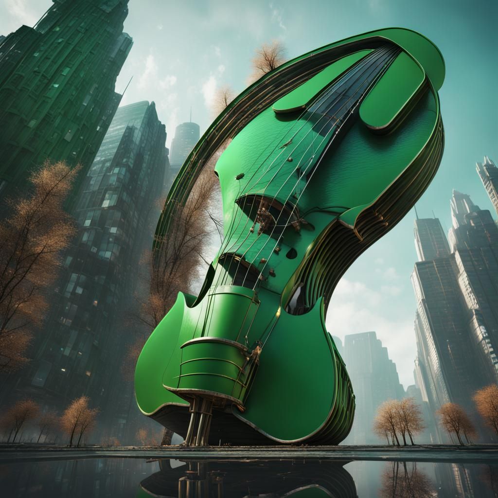 Green Violin Skyscraper: Detailed Matte Painting