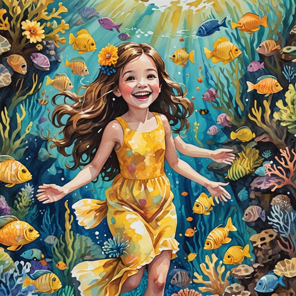 Underwater City: Girl Swimming in Gouache Watercolor