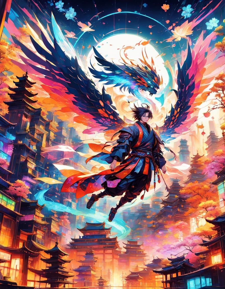 Epic Cyberpunk Samurai Robot in Neon Kimono, Set Against Vib...