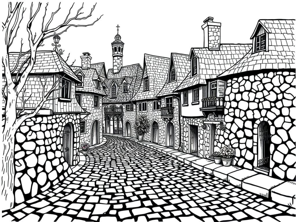 Detailed Zentangle Cobblestone Village Tattoo Lineart