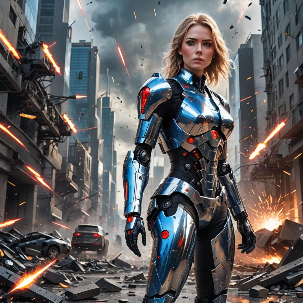 Android Girl in Bulletproof Armor in Destroyed City