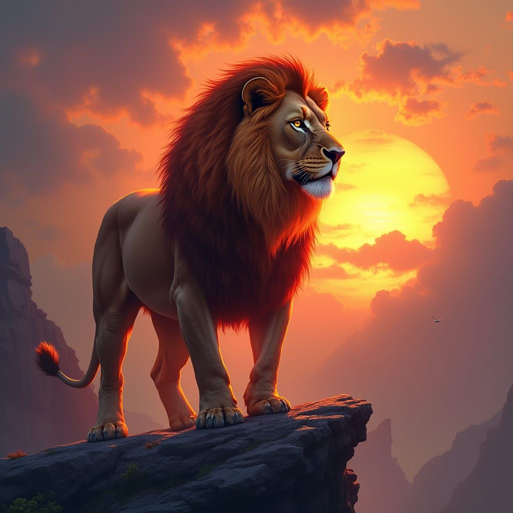 Fiery Lion on Rocky Crag at Sunset: Digital Painting
