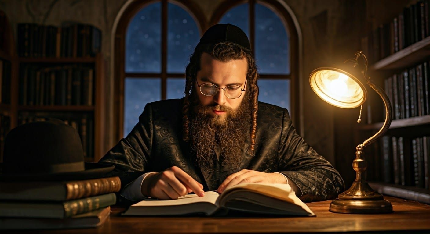 Intense Hasidic Rabbi Studies in Beis Midrash at Night