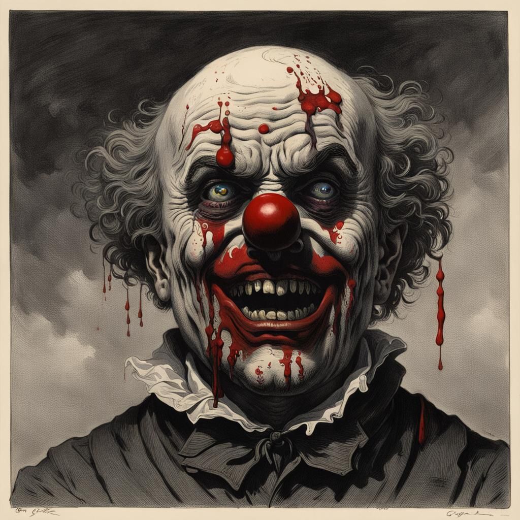 Disturbing Clown Portrait in Horror Illustration Style
