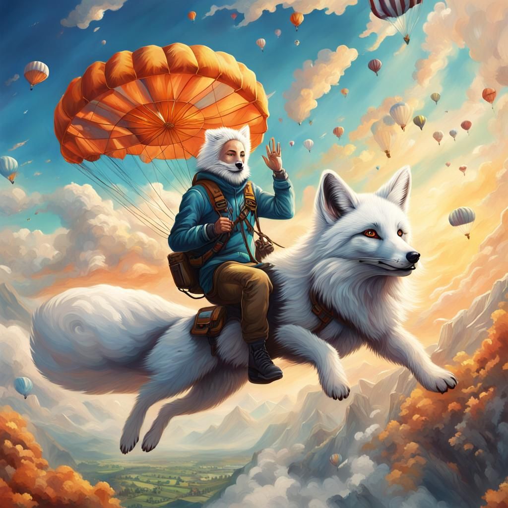 Hyperrealistic Nine-Tailed Fox in Flight with Parachutist
