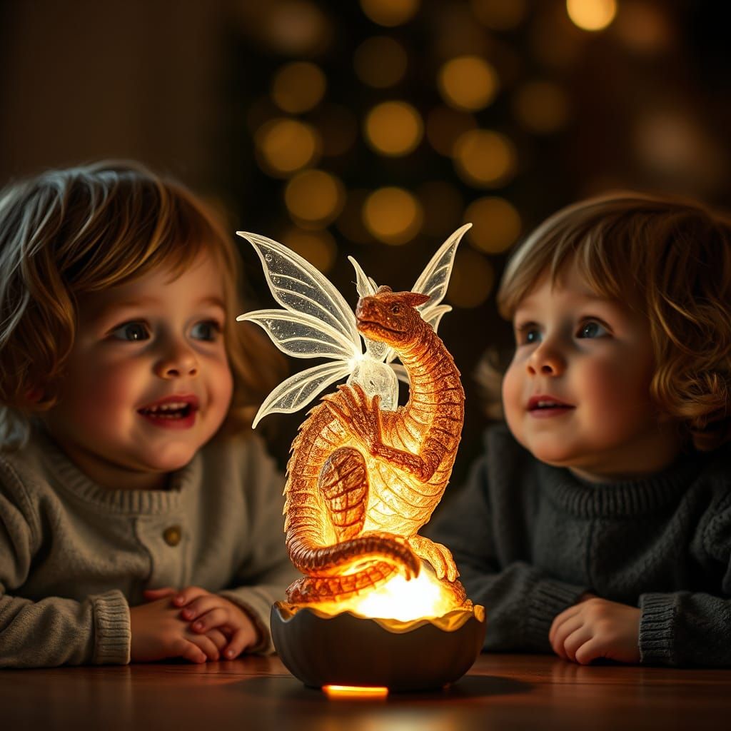 Children Gaze at Fairy and Dragon Lamp