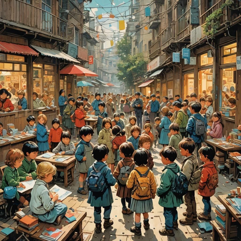 Kindergarten Children in Impressionist Style