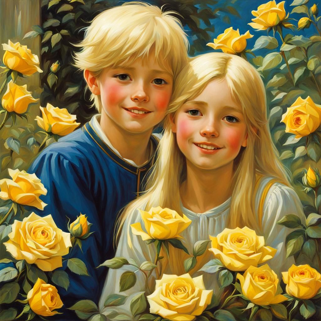 Cheerful Children in Rose Garden, Anime Style