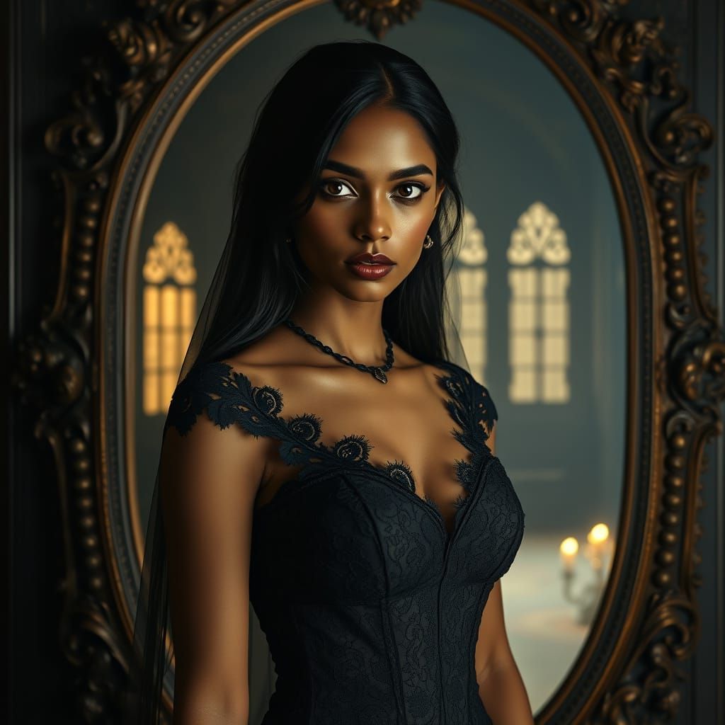 Ethereal Victorian Gothic Beauty Reflected in Antique Mirror