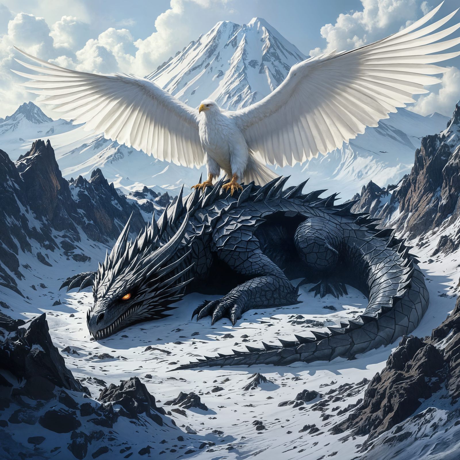 Giant Black Dragon and Eagle atop Snowy Mountain Crater