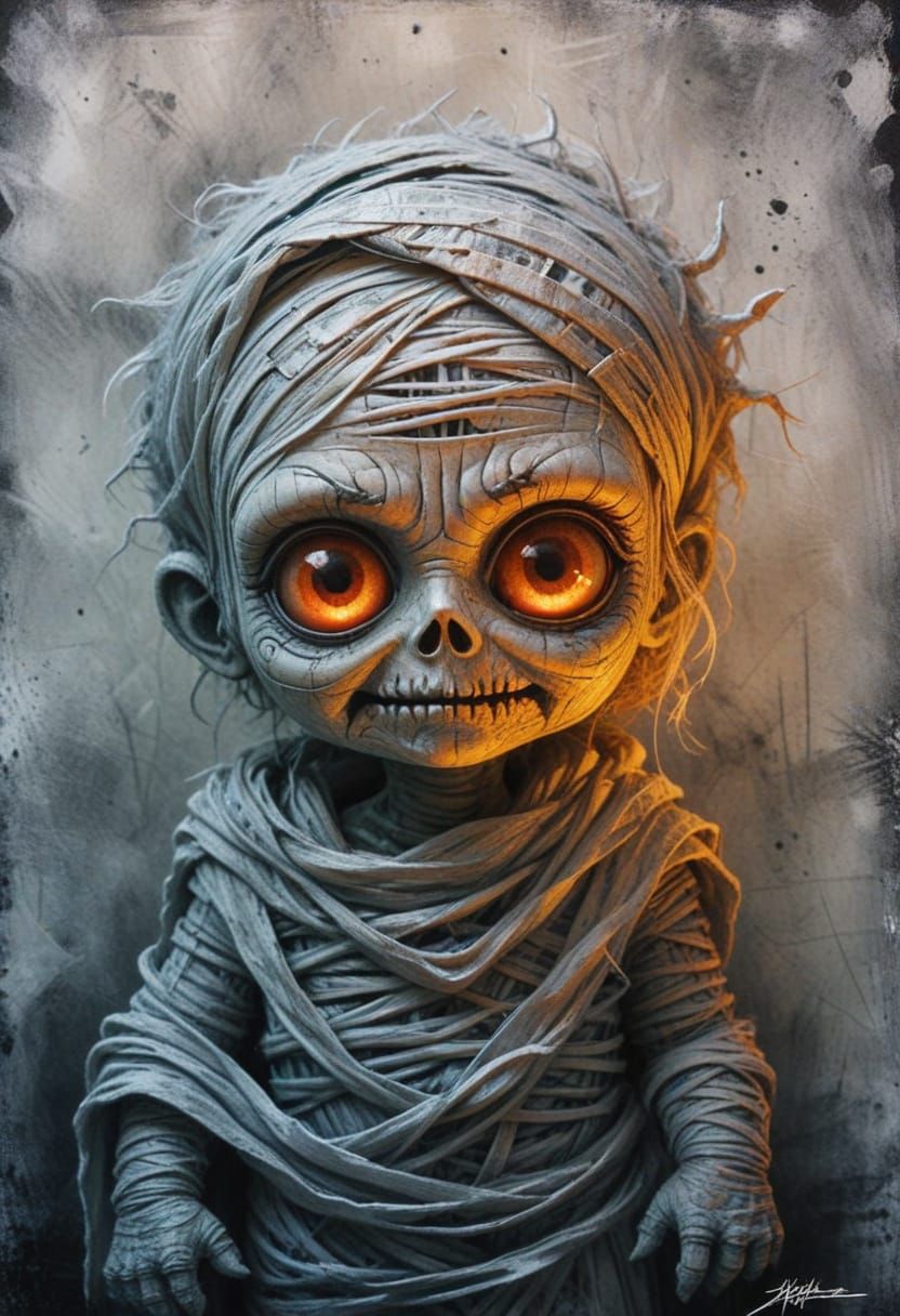 Chibi Mummy: A Halloween Black and White Gouache
