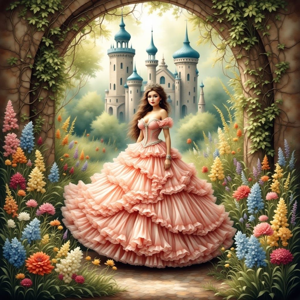 Dreamy Princess in Castle Gardens, Watercolor Style