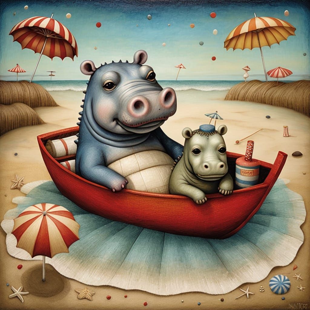 Felted Beach Scene with Hippopotamus in Fauvist Style