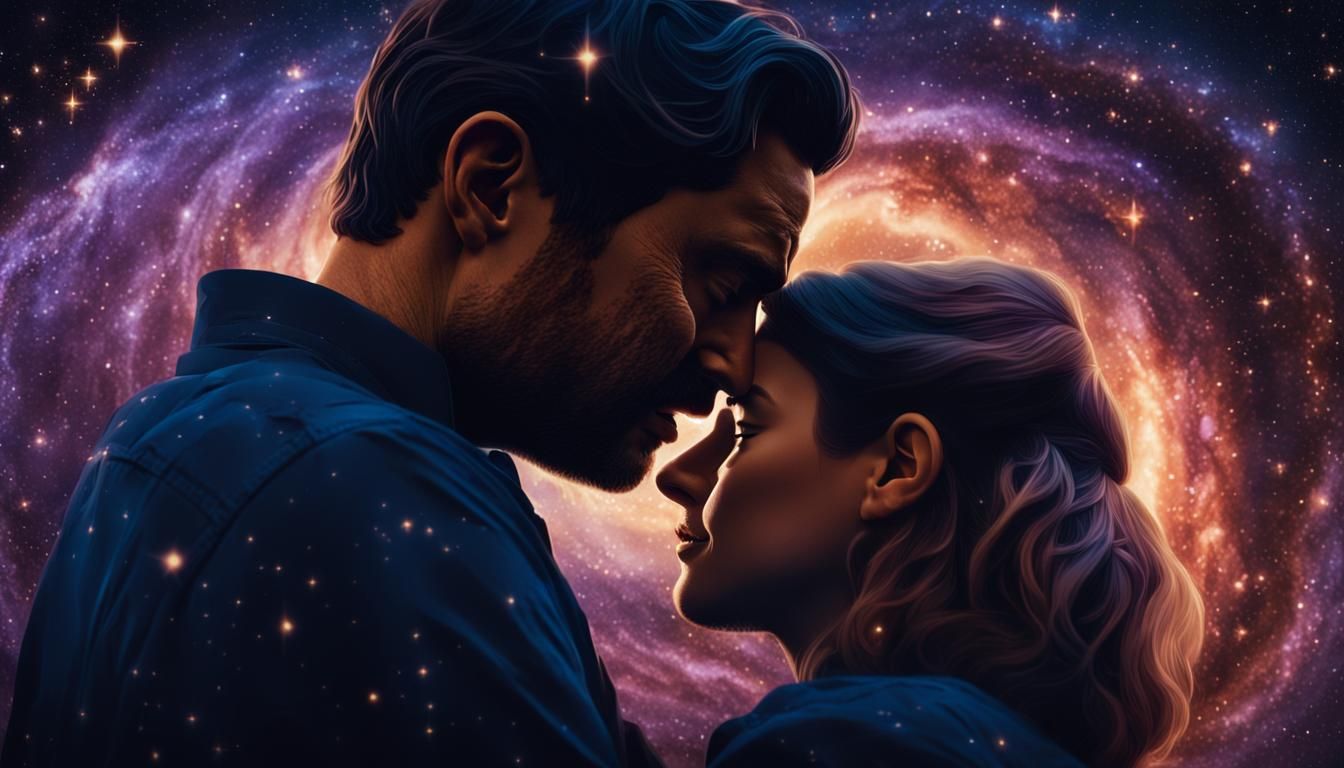Emotional Embrace Before a Swirling Galaxy