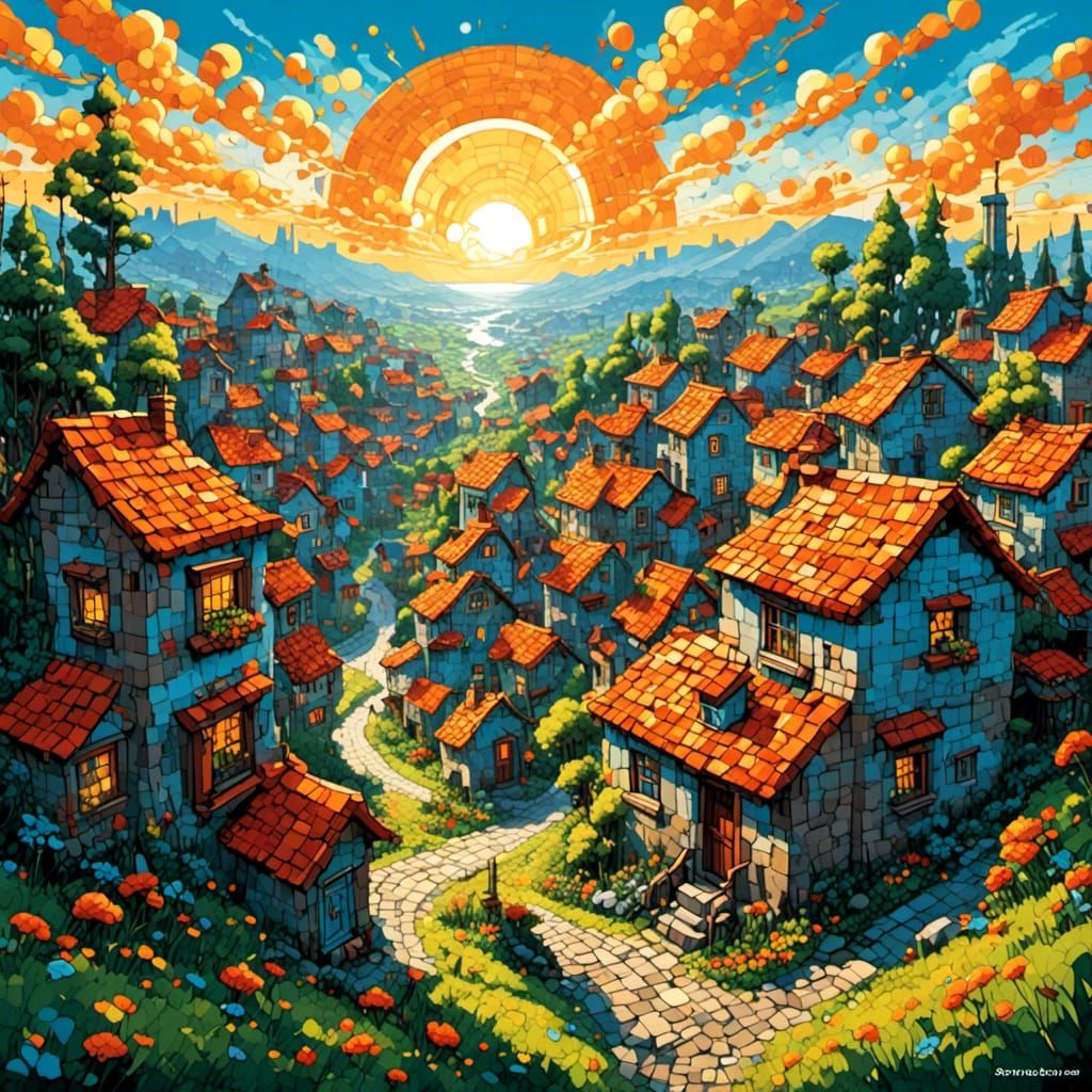 <lora:Dom:1.0> <lora:Modern-Pixelation:1.0> village sunset