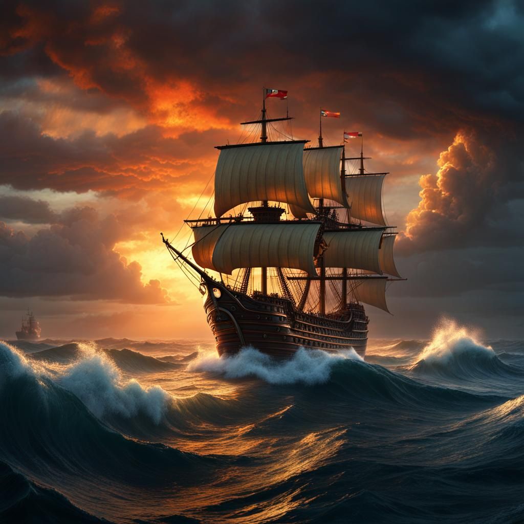 Spanish Galleon in Stormy Sea Sunset