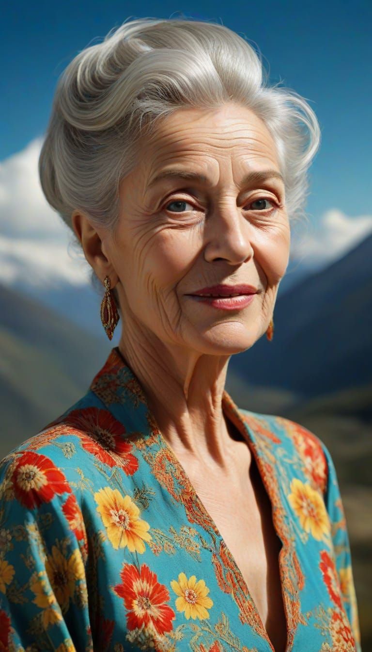 Happy Woman in Surreal Mountain Landscape