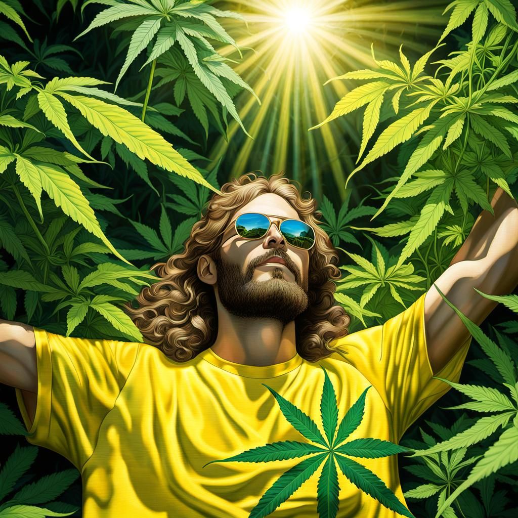 Hyper Realistic hippie reclines amidst the marijuana plants,...