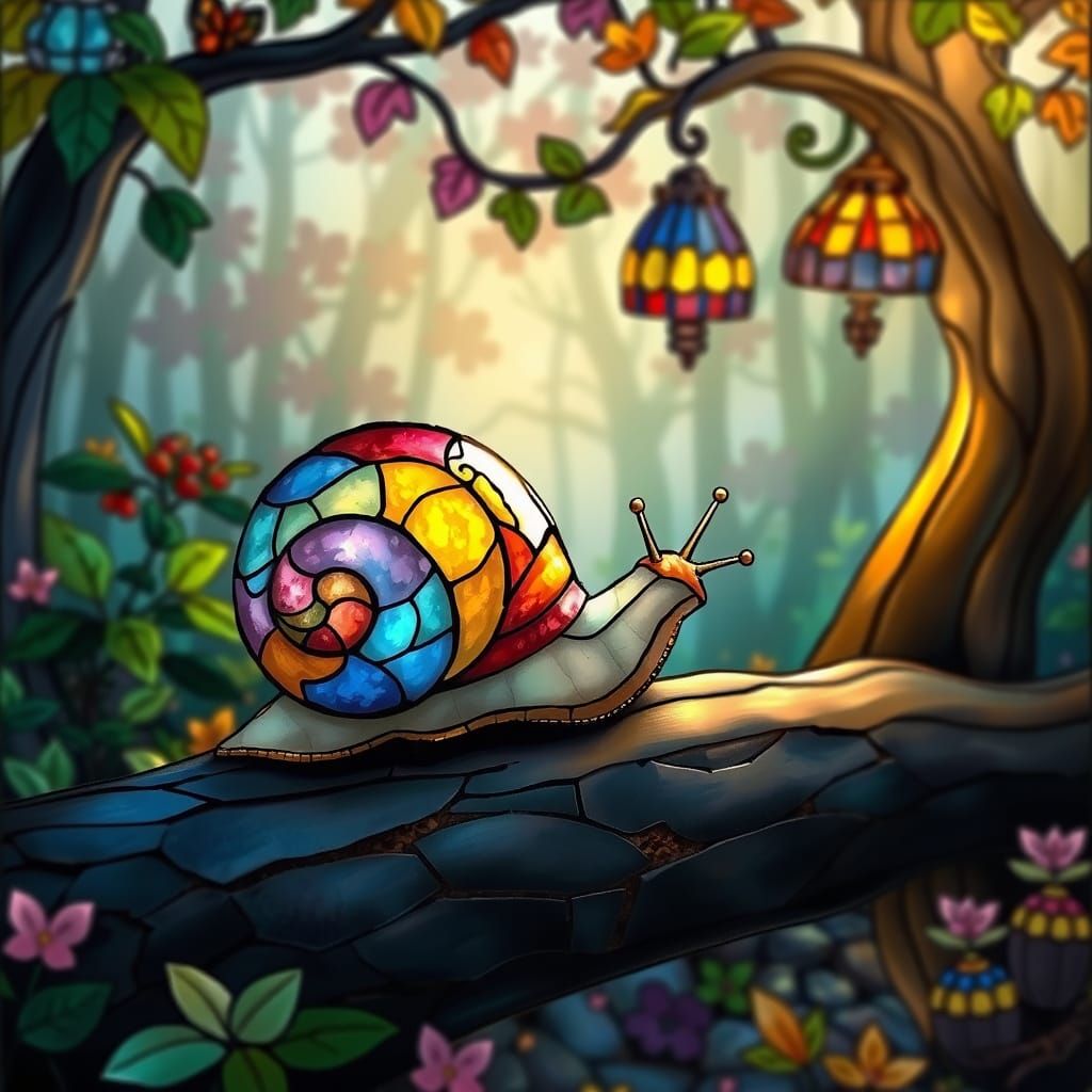 Stained Glass Snail Questing in Surreal Forest