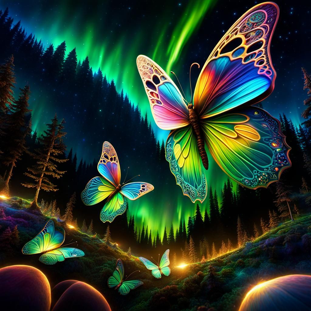 Cosmic Butterflies in Aurora Forest: Surreal 3D Art