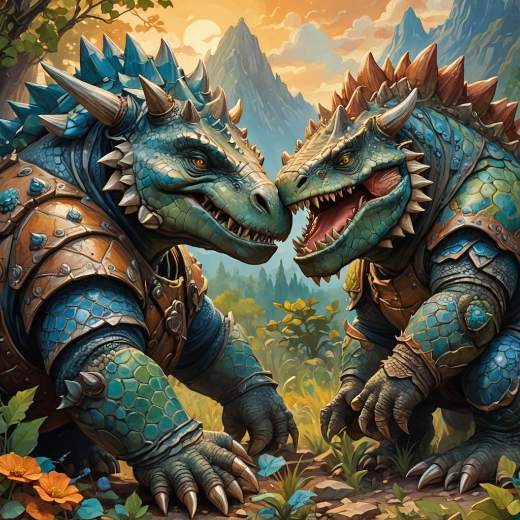 Orc Warrior Hugs Ankylosaur in Whimsical Oil Painting
