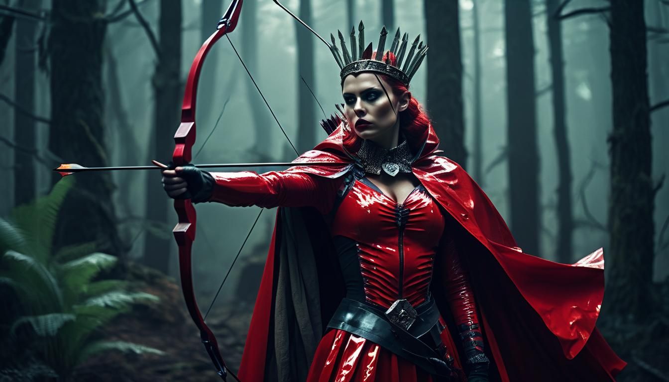Goddess in Red Latex Shoots Arrow: Cinematic Still