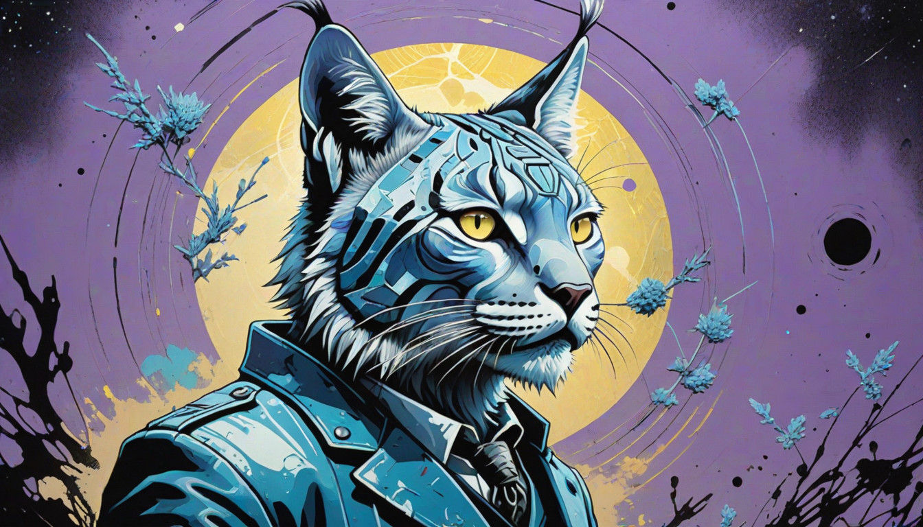 Hyperrealistic Lynx in Lavender Hologram Landscape