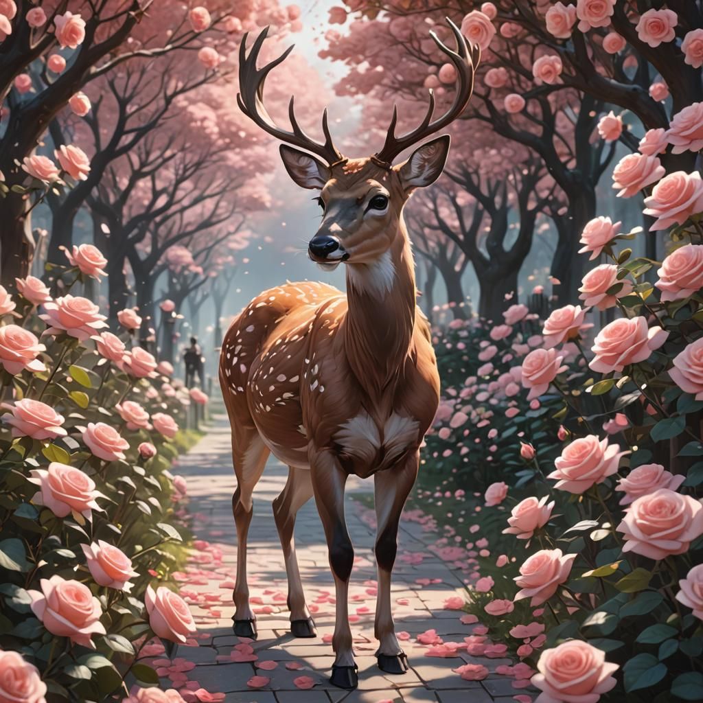 Magical Deer on Rose Road: 3D Anime Art
