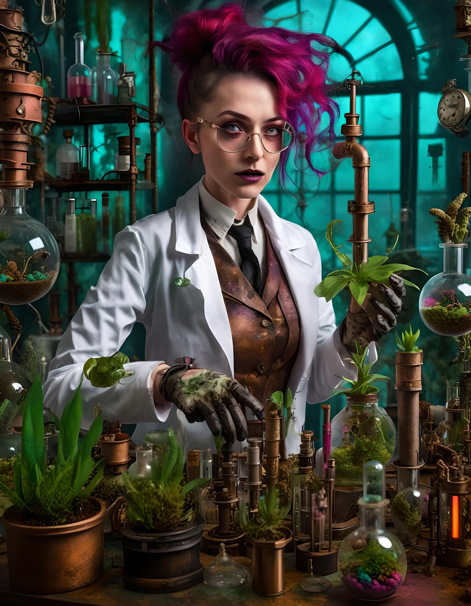 Steampunk Plant Biologist in a Mad Science Lab