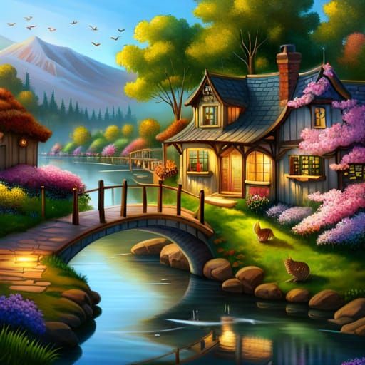 Storybook Village in Woods with Cat and Dog