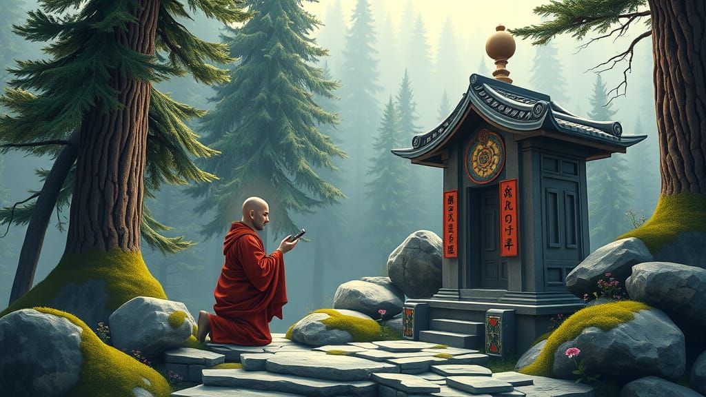 Monk at Forest Altar in Ornate Anime Style