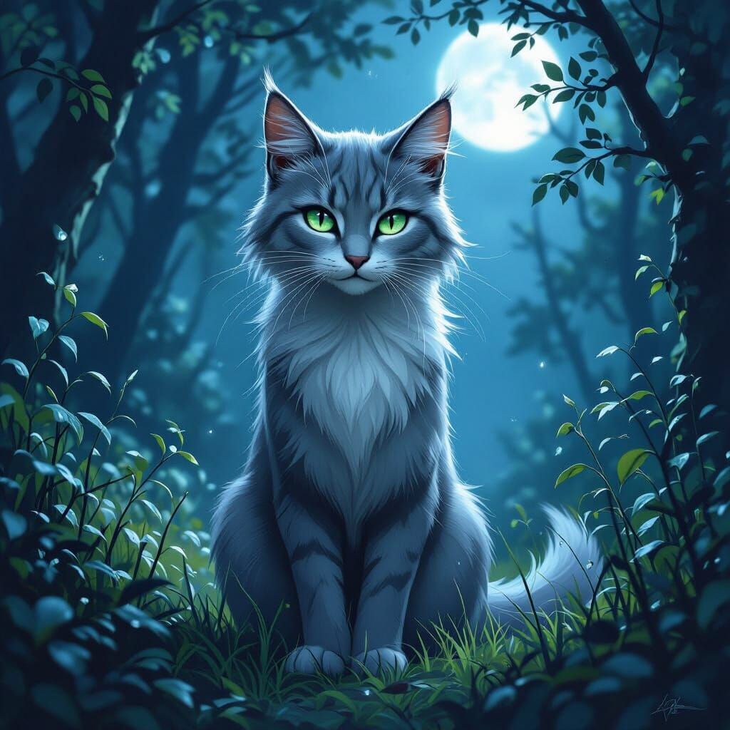 Silverstream Warrior Cat in Moonlit Forest
