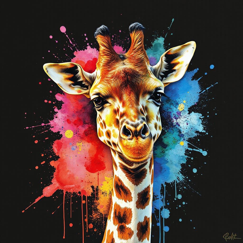 Giraffe in Watercolor and Ink Splatter Style