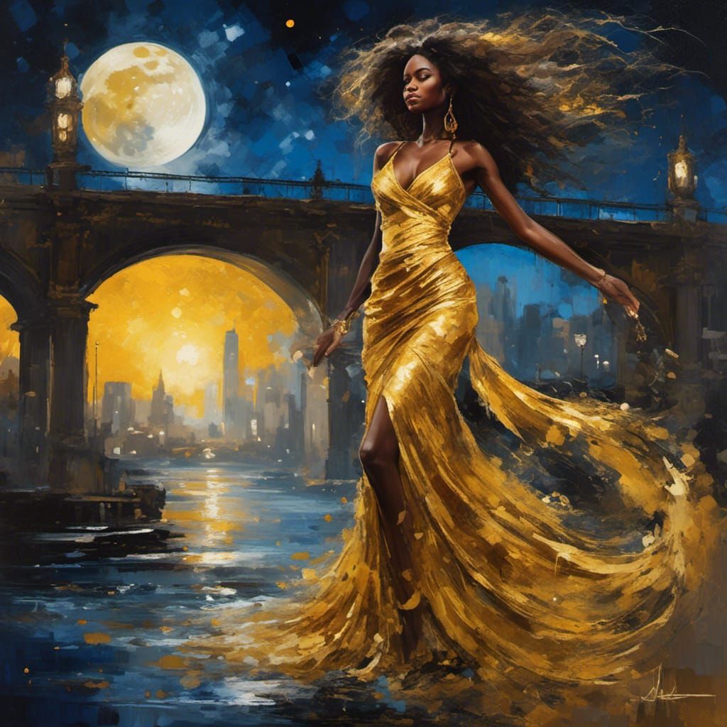African-American Woman in Gold Dress, Action Painting