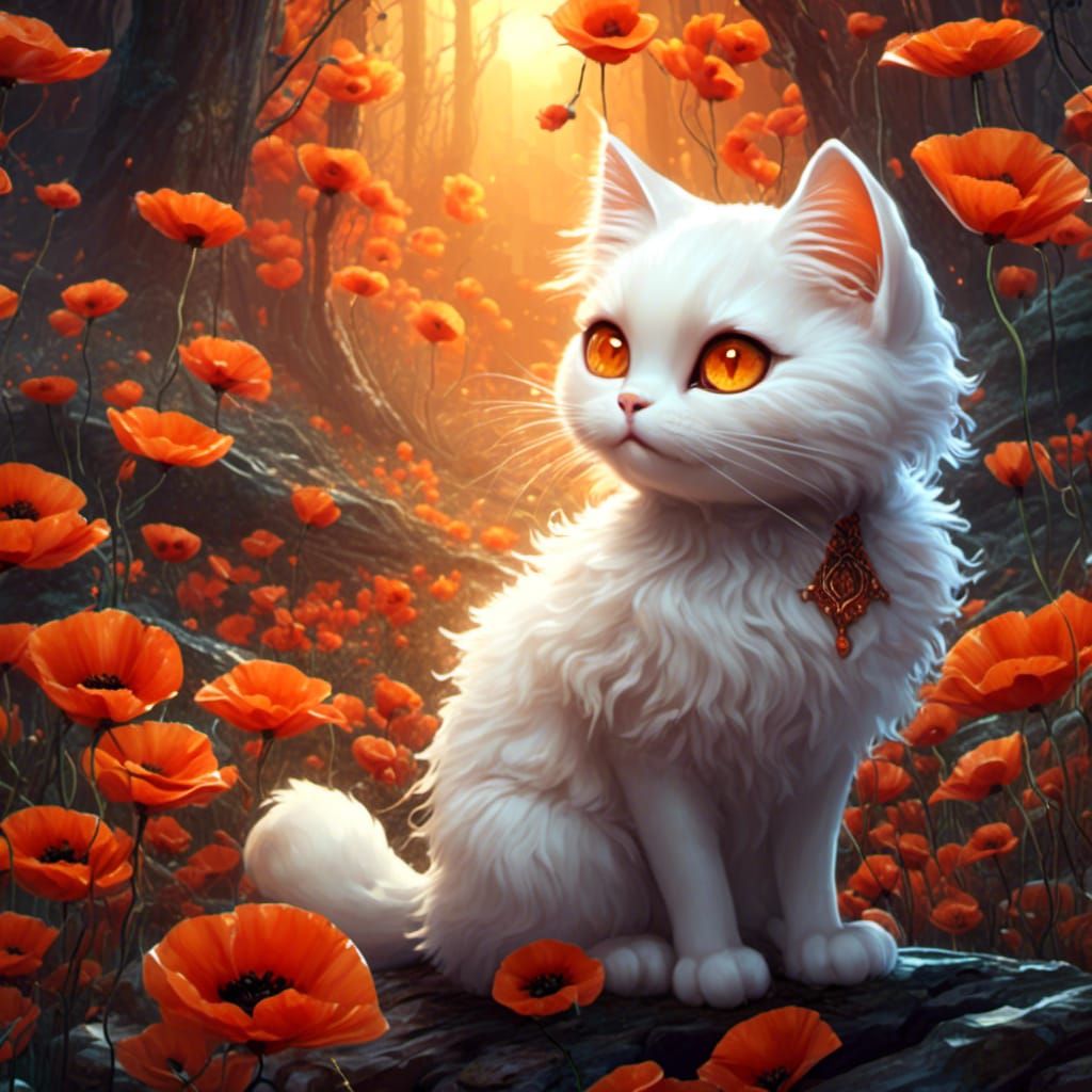 Chibi Cat in Bioluminescent Poppy Forest