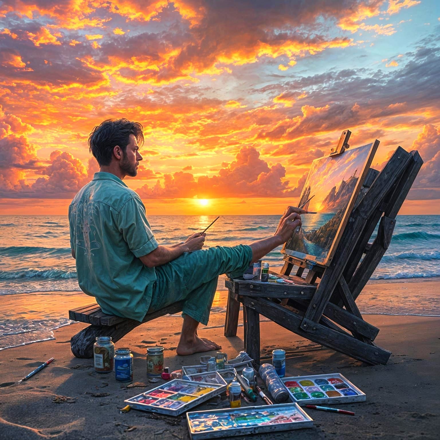 Beachside Oil Painting at Sunset in Detailed Matte Style