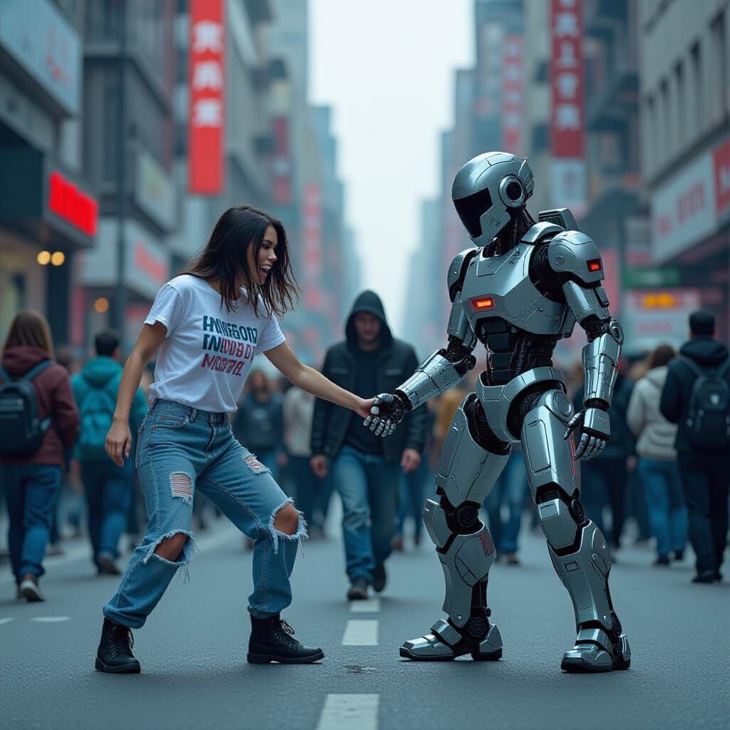 Dystopian March: Humans vs. Robots in Cyberpunk Style