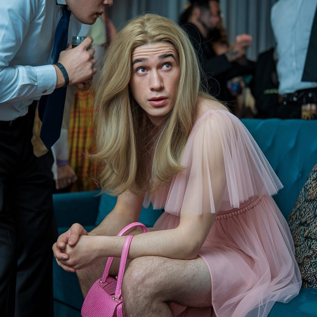 Embarrassed Young Man in Tulle Minidress and Purse