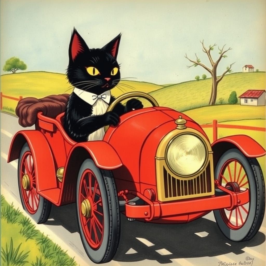 1920s Children's Book Cat Drives Red Car Through Countryside