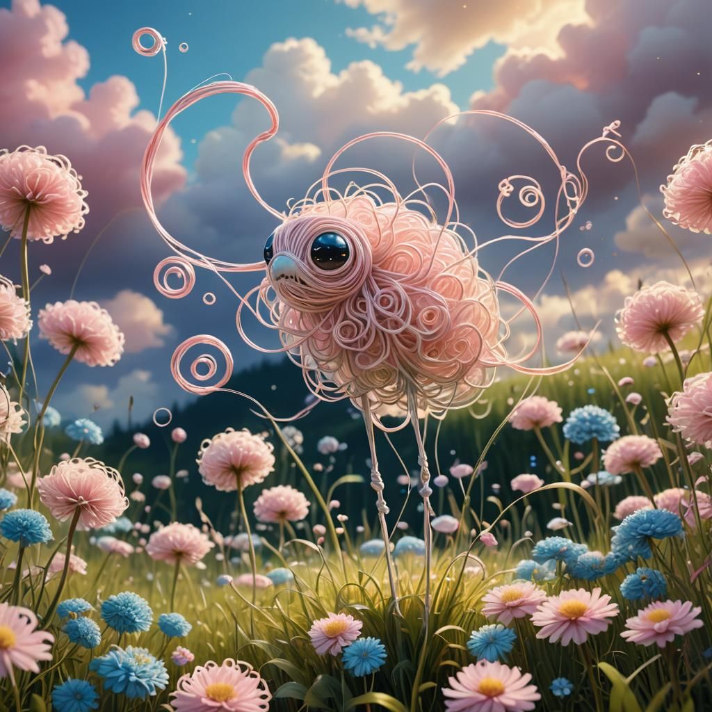 String Creature in Dreamy Meadow: Ghibli-Inspired Illustrati...