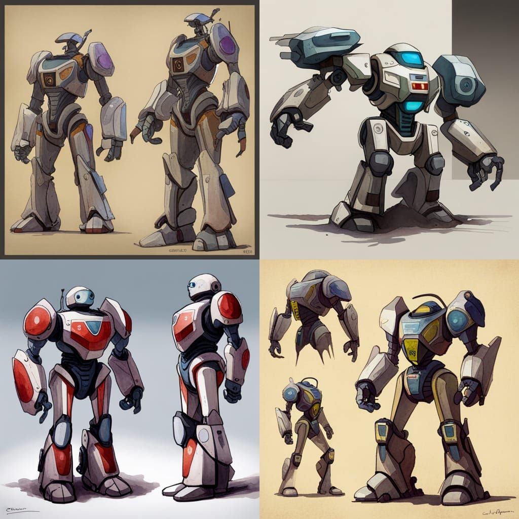 concept art sheet of a mech robot