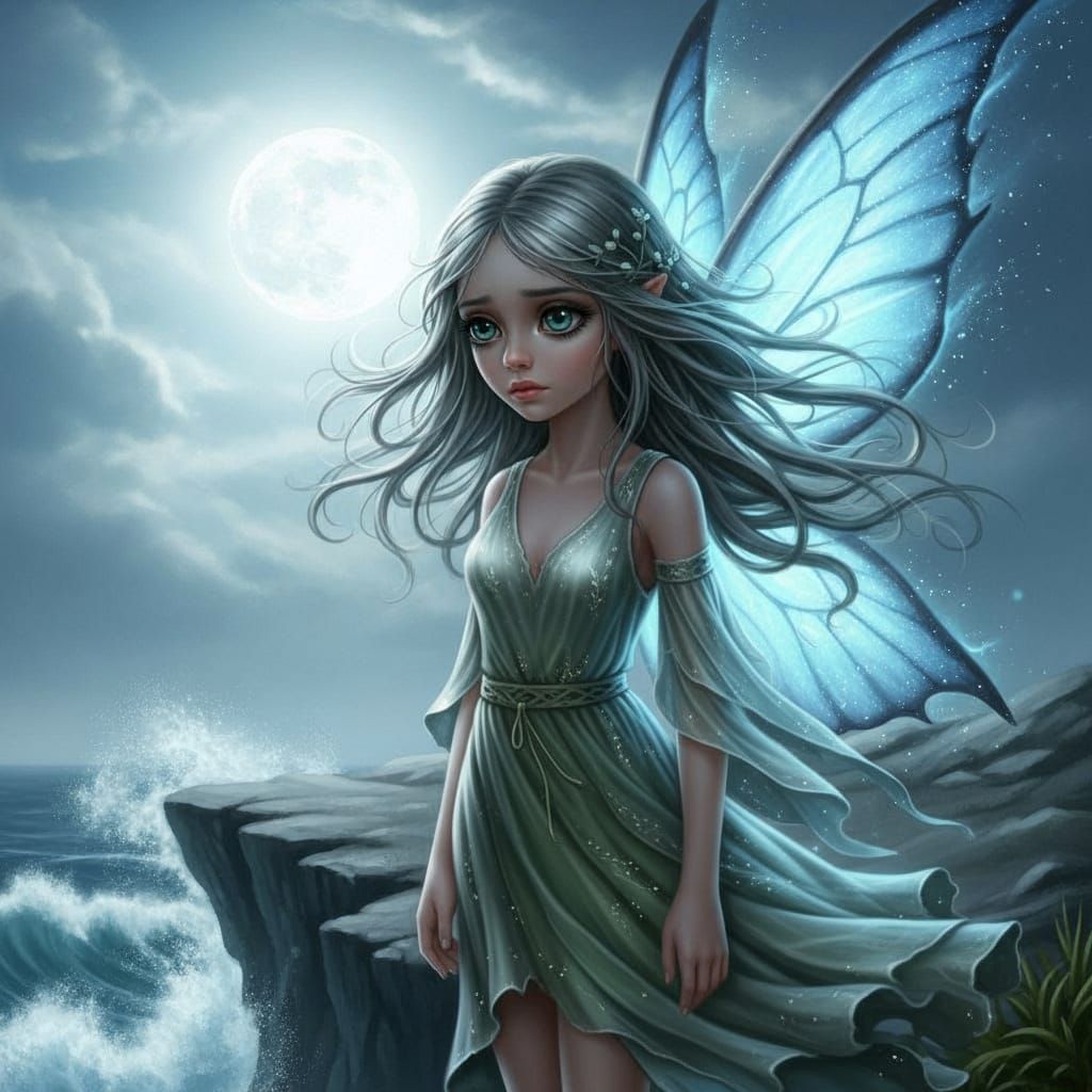 Lonely Fairy on Moonlit Cliff in Fantasy Style