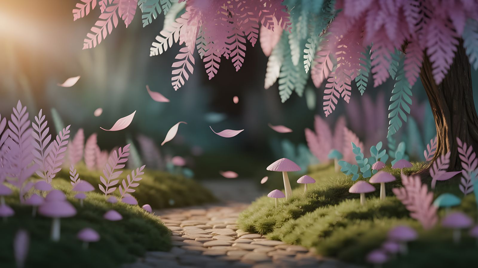 Vibrant Paper Miniature Landscape Under Golden Sunlight