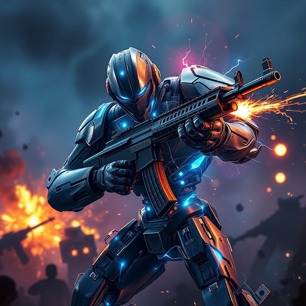 Electric Blue Robot Dominates Futuristic Battlefield