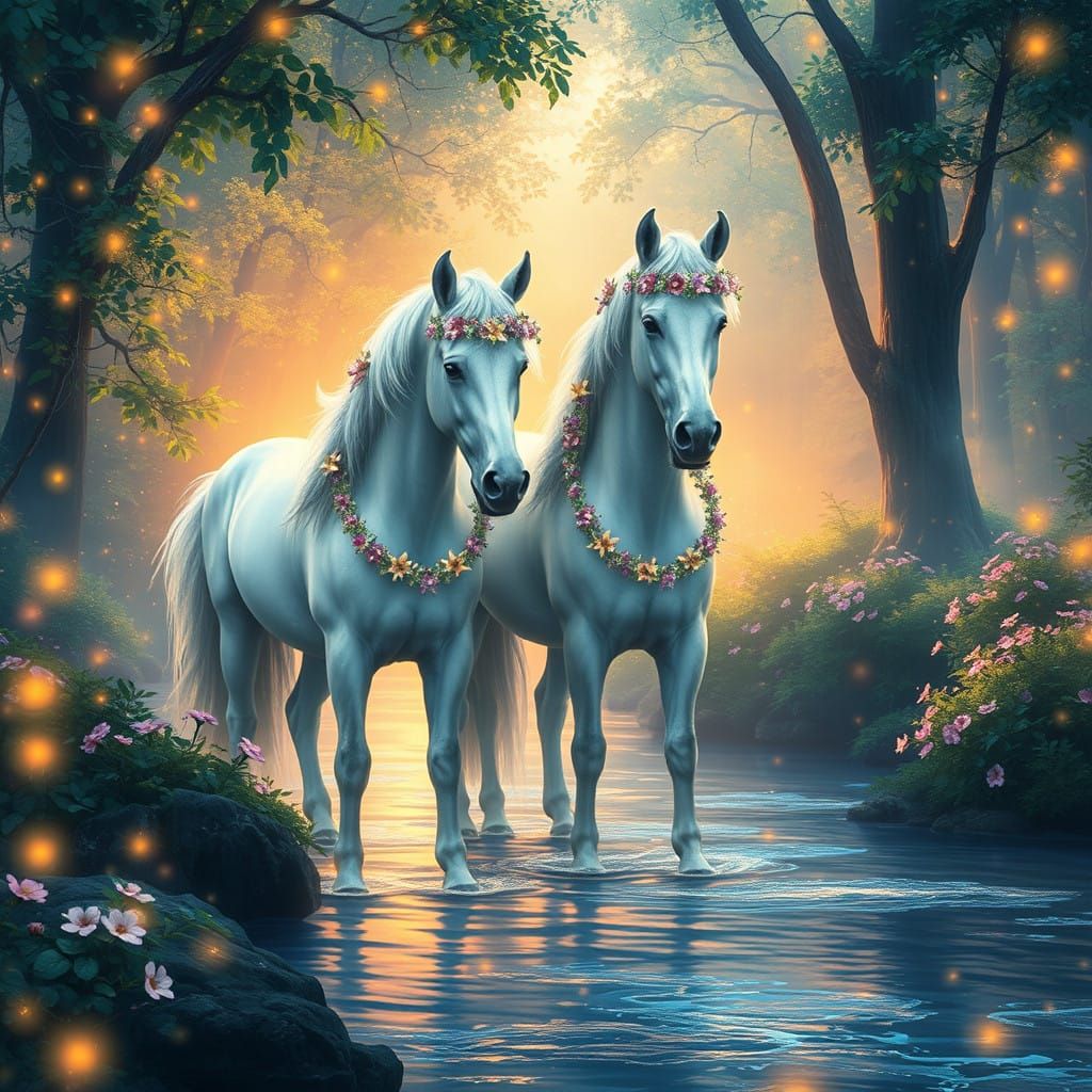 Majestic White Horses in an Enchanted Forest
