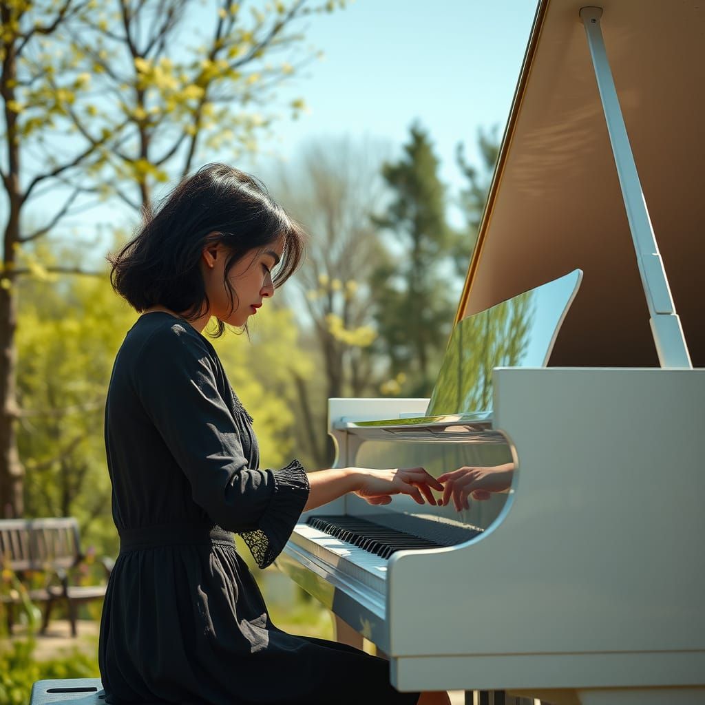 Young Woman Plays Piano Under Sunny Summer Skies