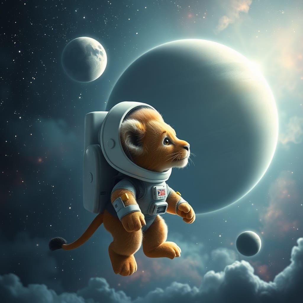 Lion Cub Astronaut Explores Cosmic Nebula